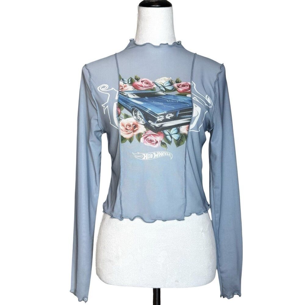 Y2K Hot Wheels Mesh Crop Top Blue Long Sleeve Lettuce Hem Grunge Cyber Edgy
